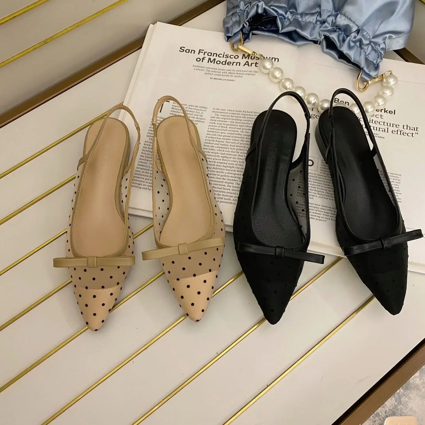 Polka Dot Chunky Heel Pointed Toe Bow Shoes