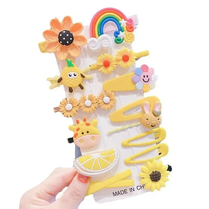 Girls' Rainbow, Fruit, Cartoon 14 Pcs Hair Clip Set