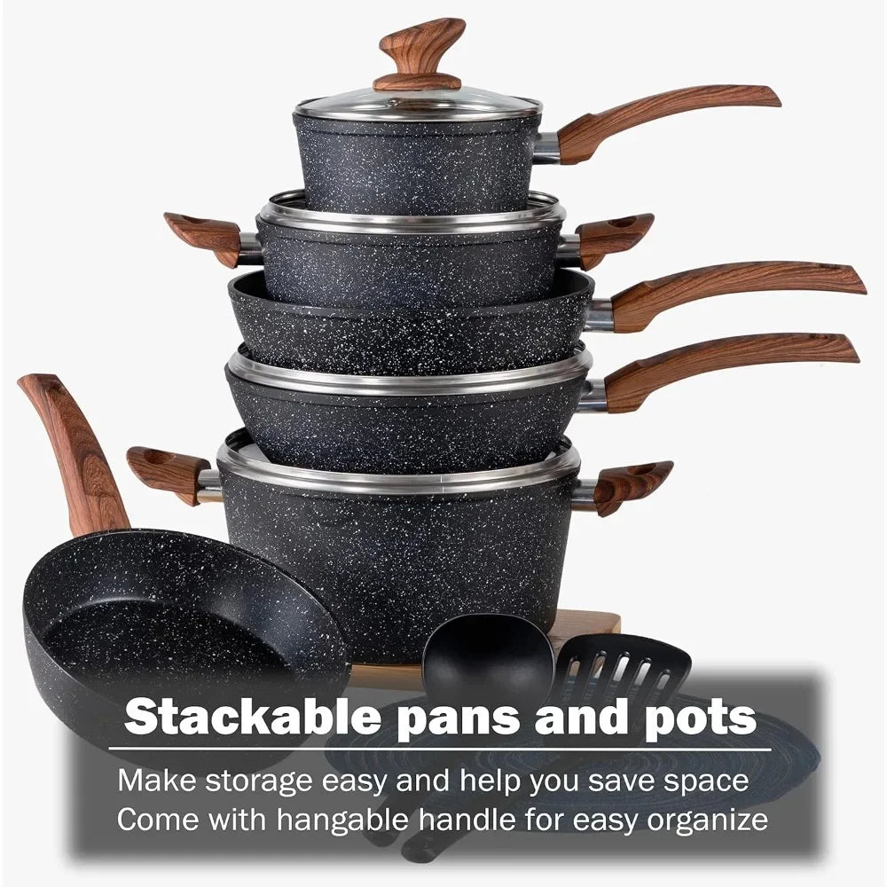 12-Piece Granite Black Nonstick Pots and Pans Set