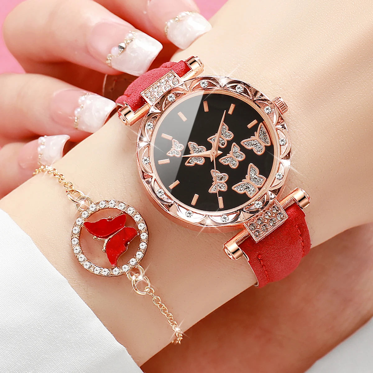 Women's Round Butterfly Dial Quartz Leather Watch Jewelry Set