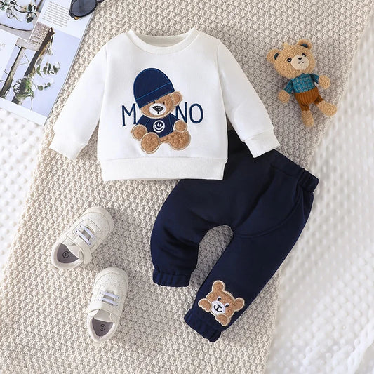 Boys Casual Cartoon Bear Long Sleeve tee and Navy Pants Outfit