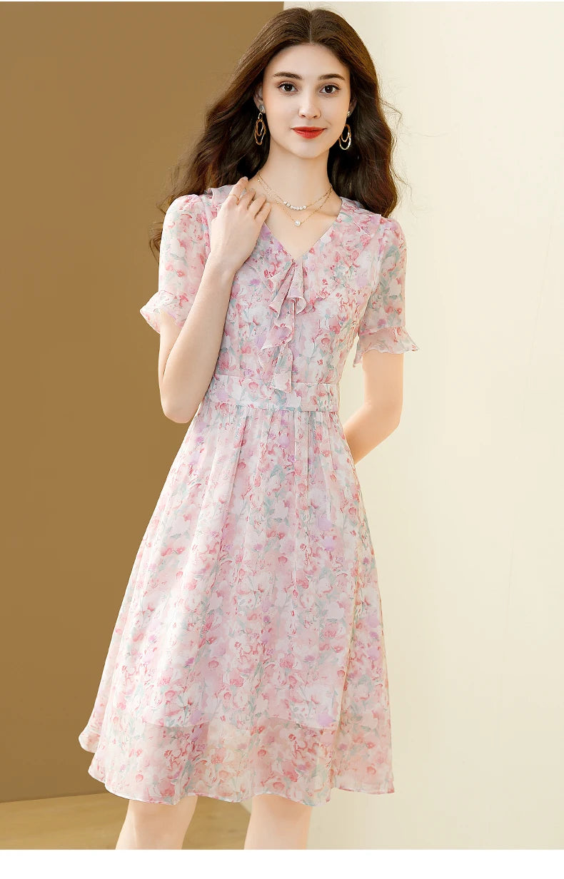 Floral Chiffon V-Neck A-line Dress