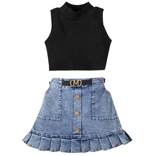 Girl Summer Cotton Sleeveless Tops With Denim Skirt