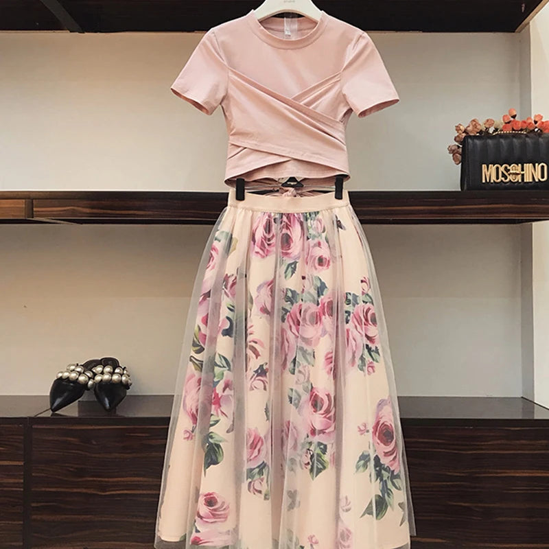 Floral Two-Piece Chiffon Skirt & Bowknot Top