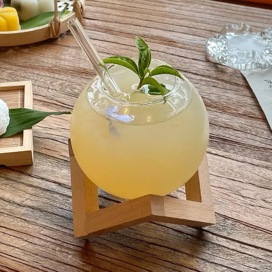 Tasse en verre à cocktail créative avec support en bois