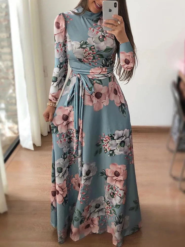 Women's Printed Round Neck Long Sleeve Dress