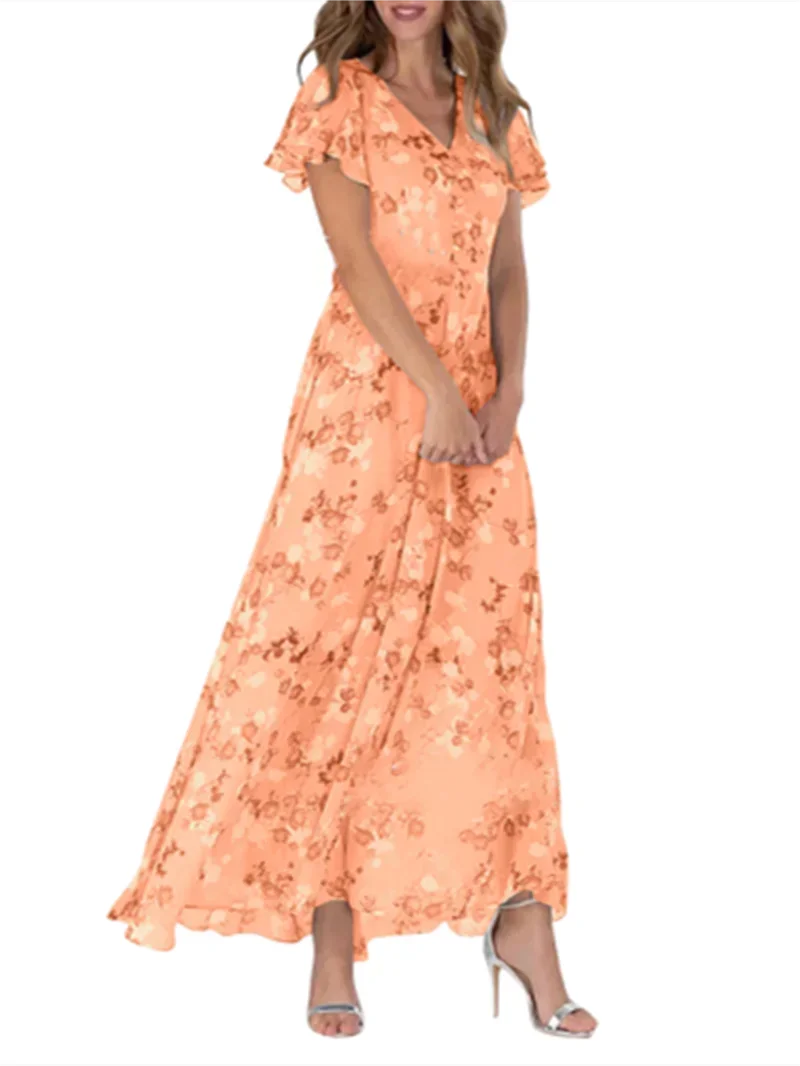 Women's Ruffle Short Sleeve V Neck Floral Chiffon Maxi Dresses