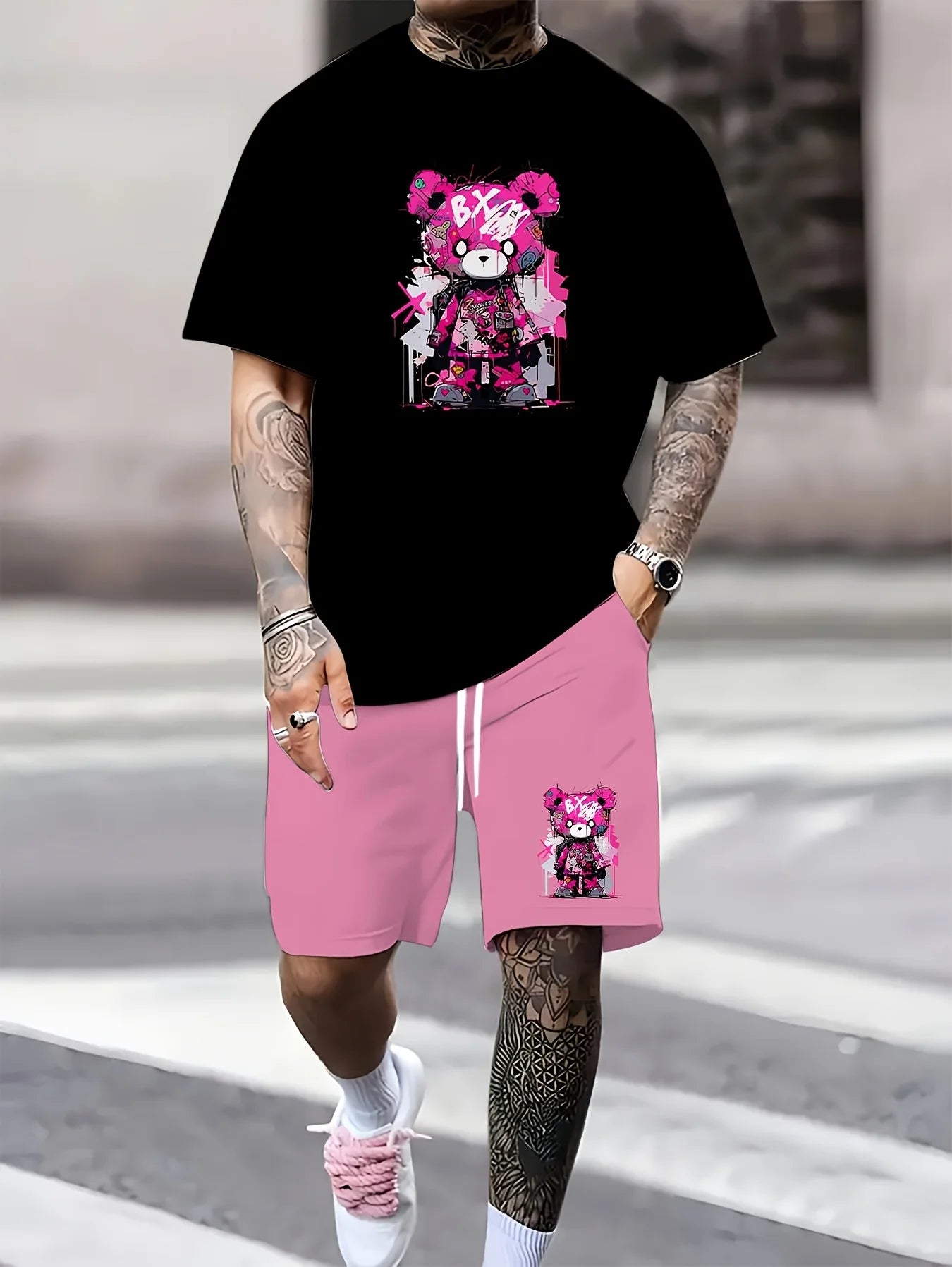 Survêtement d'été à manches courtes pour homme avec imprimé ours