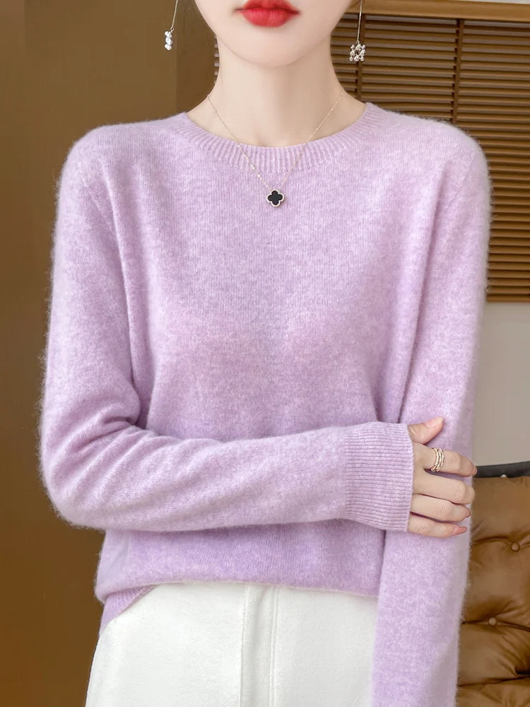 Pull en cachemire tricoté brodé à col rond pour femme