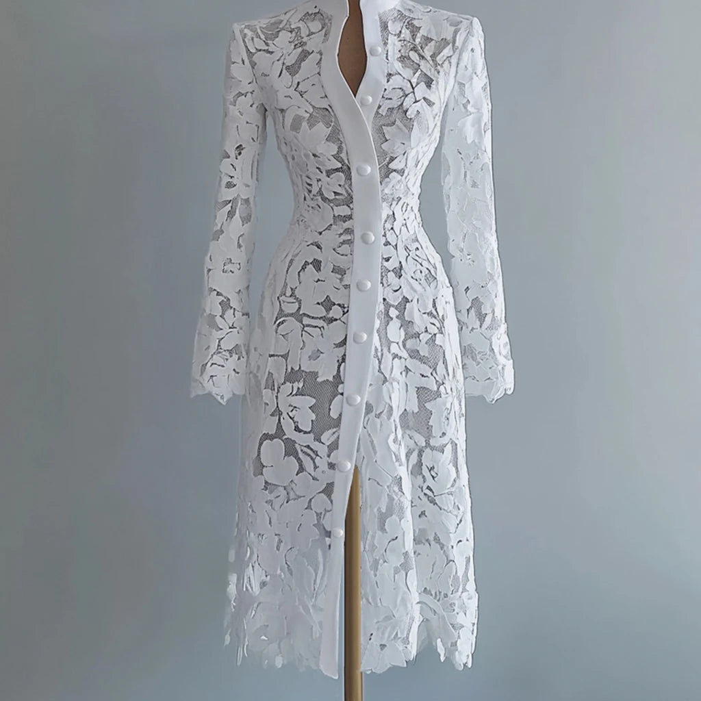 Robe midi brodée de dentelle jaune