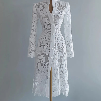 Robe midi brodée de dentelle jaune