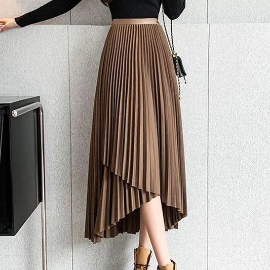 High-Waist Asymmetrical Pleated Midi Skirt