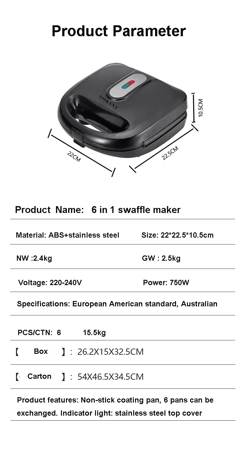 Electric Waffle Maker 6 In 1 Toaster Breakfast Machine