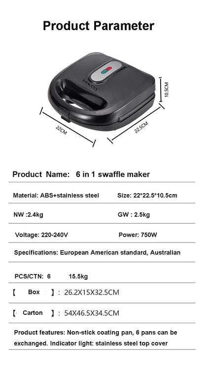 Electric Waffle Maker 6 In 1 Toaster Breakfast Machine
