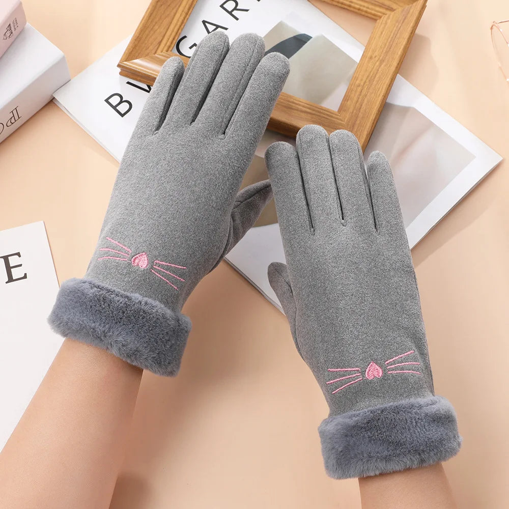 Cat Embroidery Touch Screen Suede Gloves