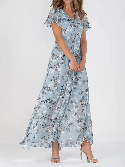Damen Maxikleider aus Chiffon mit Rüschen und kurzen Ärmeln, V-Ausschnitt und Blumenmuster