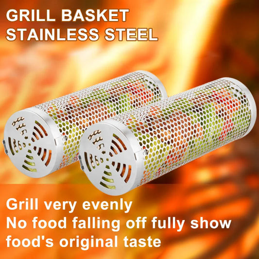BBQ Outdoor Stainless Steel Rolling Grilling Basket