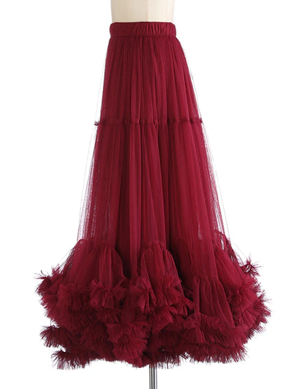 High Elastic Waist Red Ruffle A-line Midi Skirt