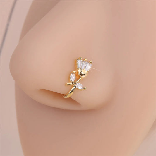 1 Stück Nasenclip mit doppeltem Blumenanhänger und Zirkonia in U-Form 