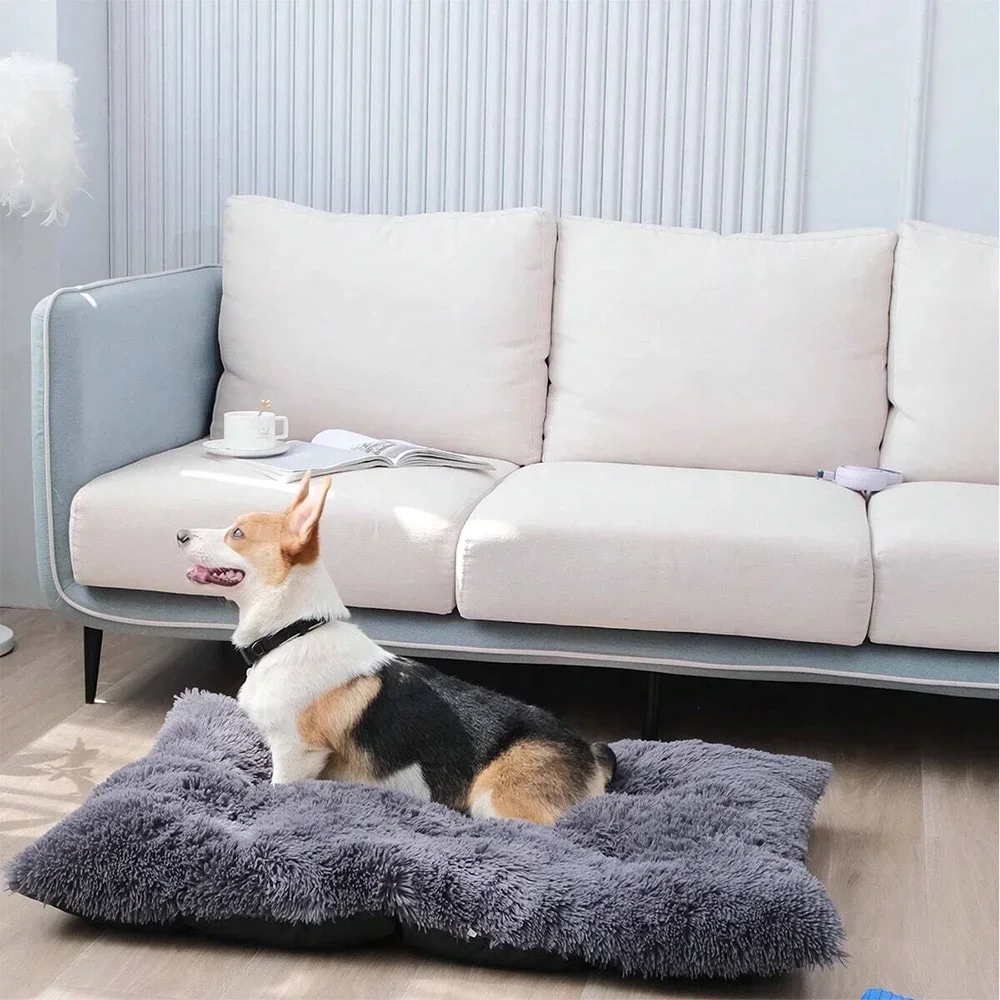 Grand lit pour chien anti-anxiété en peluche lavable