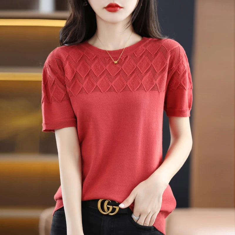 Summer Thin O-Neck Short Sleeve 100% Cotton Blouse