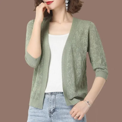 Veste cardigan d'été en tricot à manches mi-longues et dentelle