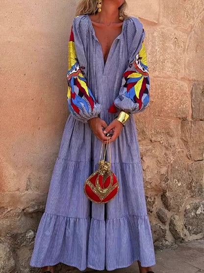 Women's V-Neck Printed Long Sleeve Dress