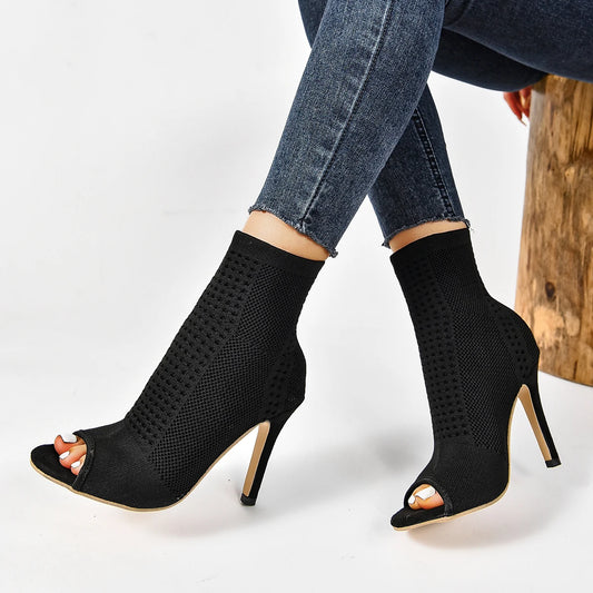 Peep Toe Stretch Knit Ankle Boots