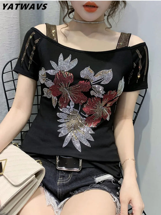 Chic Hollow Out Diamond Off-Shoulder T-Shirt