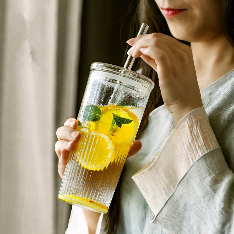 600ml Striped Glass Drinking Cup with Tea - Lid & Straw