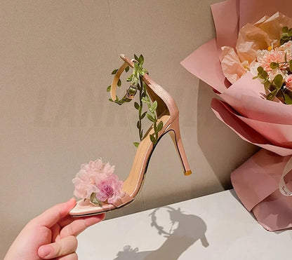 Pink Chiffon Flower High Heels Sandals