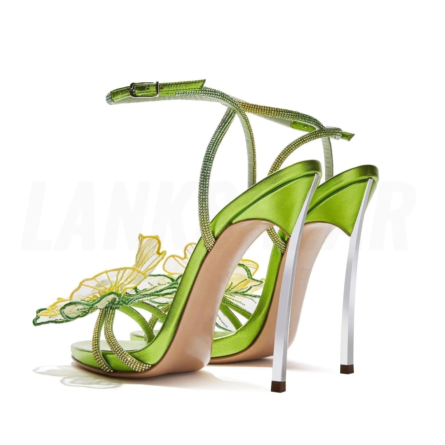 Lila-grüne Stiletto-Sandalen mit Blumenverzierung