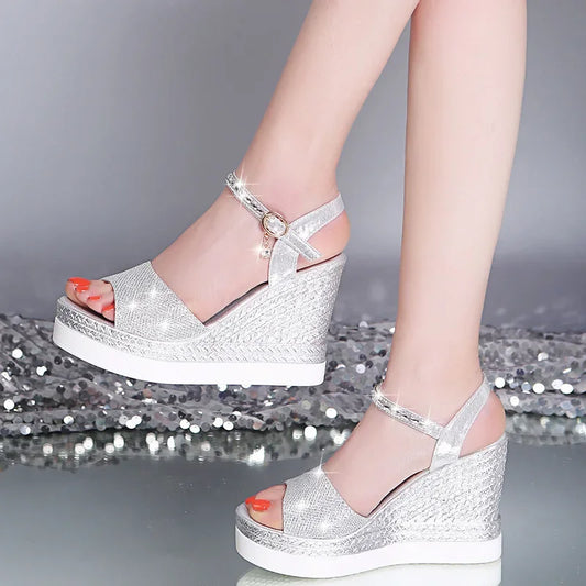 Rhinestone Buckle Wedge Sandals