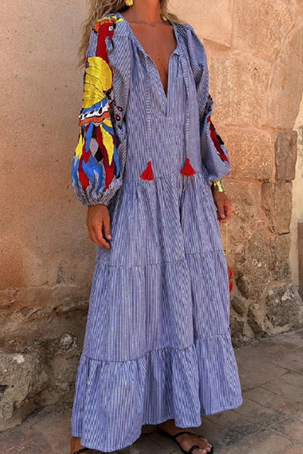 Women's V-Neck Printed Long Sleeve Dress