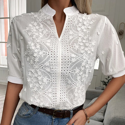 Summer Embroidery Lace V Neck Short Sleeve Tops