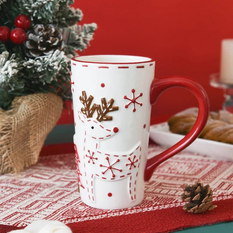 Santa Claus & Elk Embossed Ceramic Mug