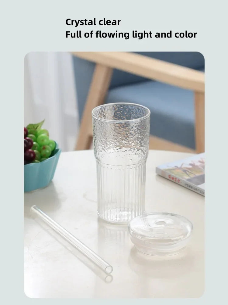 Gobelet en verre rayé de 600 ml avec thé - Couvercle et paille