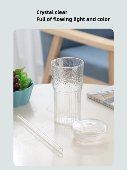 Gobelet en verre rayé de 600 ml avec thé - Couvercle et paille