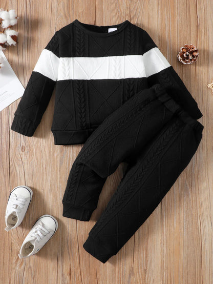 2PCS Kids Boy Clothes Set Long Sleeves Color Block Hoodies+Pants