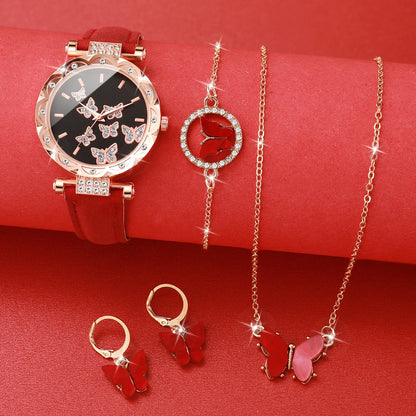 Women's Round Butterfly Dial Quartz Leather Watch Jewelry Set