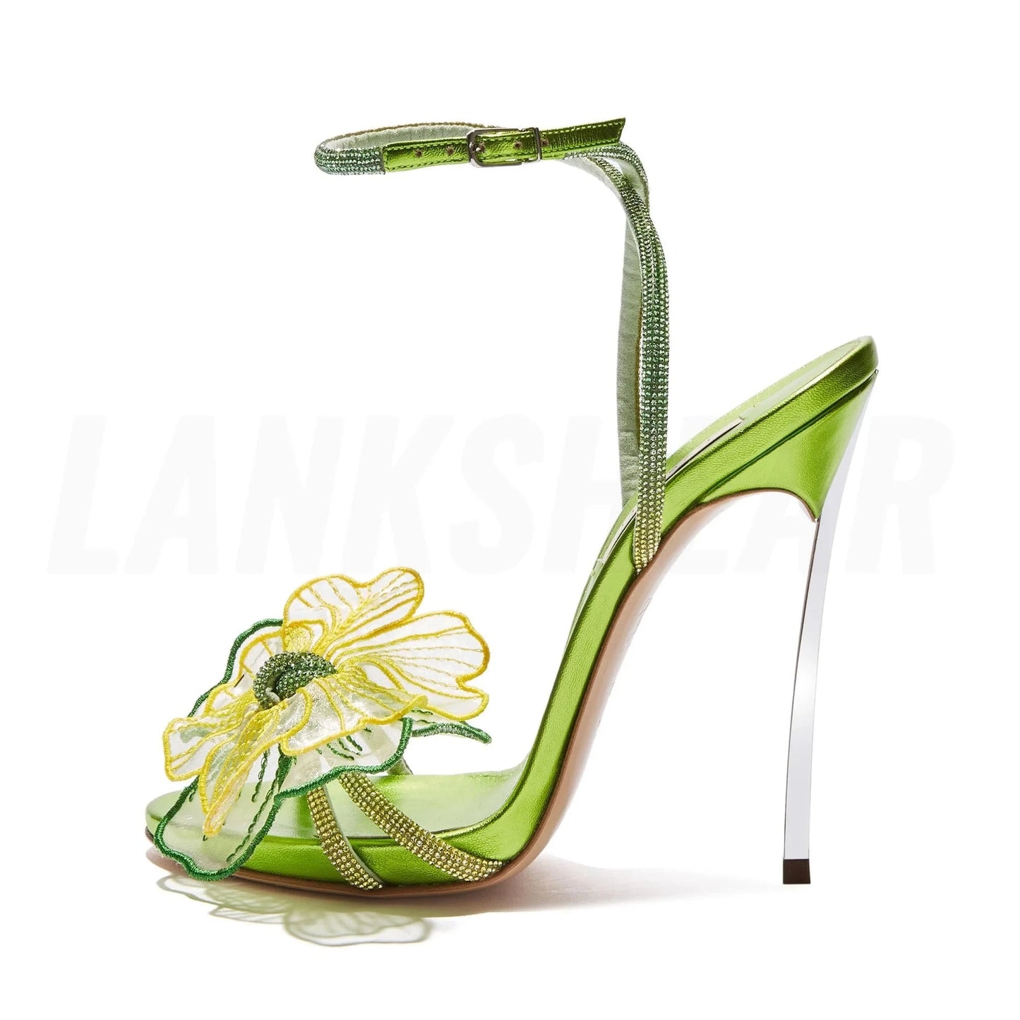 Lila-grüne Stiletto-Sandalen mit Blumenverzierung