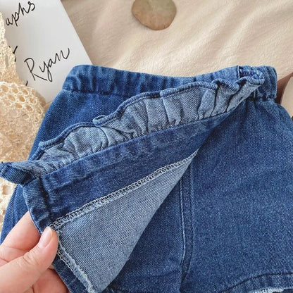 Kid's Lace Halter Seleveless Elastic Waist Denim Shorts Set