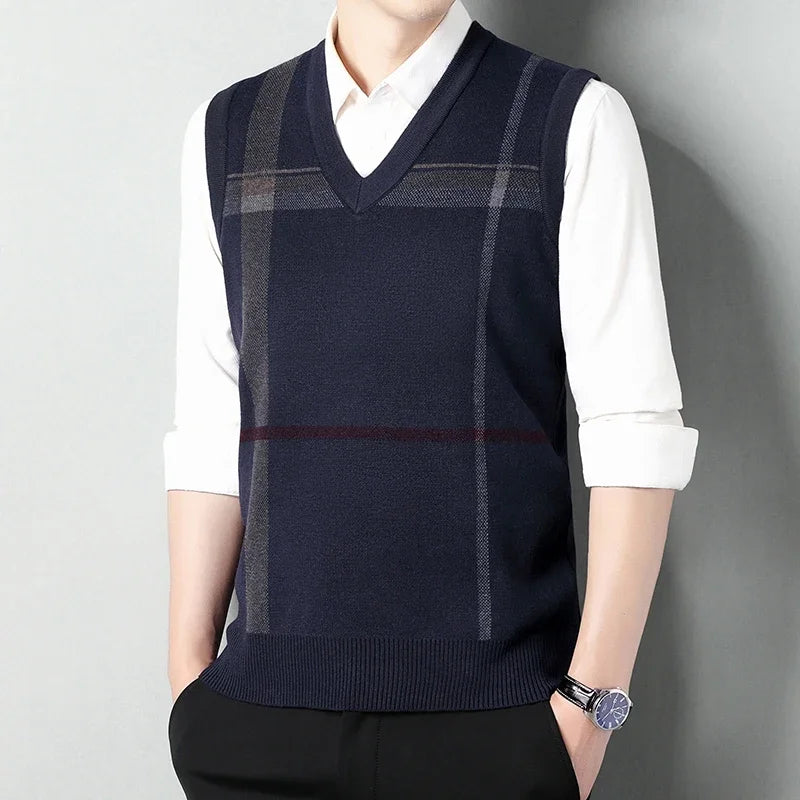 Gilet pull sans manches à col en V tricoté pour hommes
