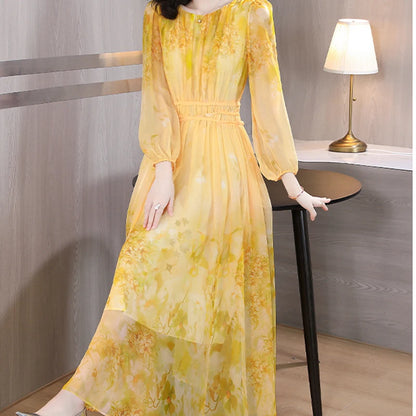 Women's Floral Silk Long Sleeve Bodycon Maxi Prom Dress