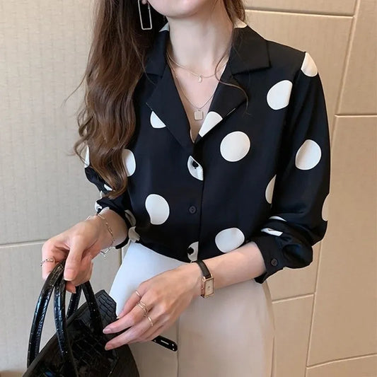 Polka Dot Lapel Button-up Long Sleeve Summer Blouse