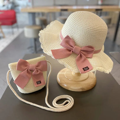 Baby Girls Lace Straw  Wide Brim Shoulder Bag & Sun Hats
