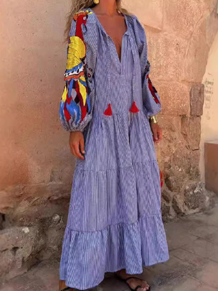 Women's V-Neck Printed Long Sleeve Dress