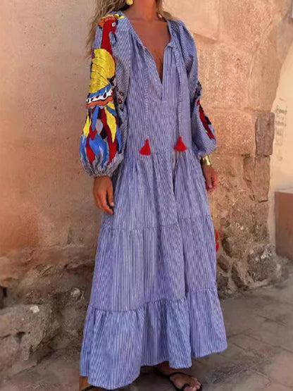 Women's V-Neck Printed Long Sleeve Dress