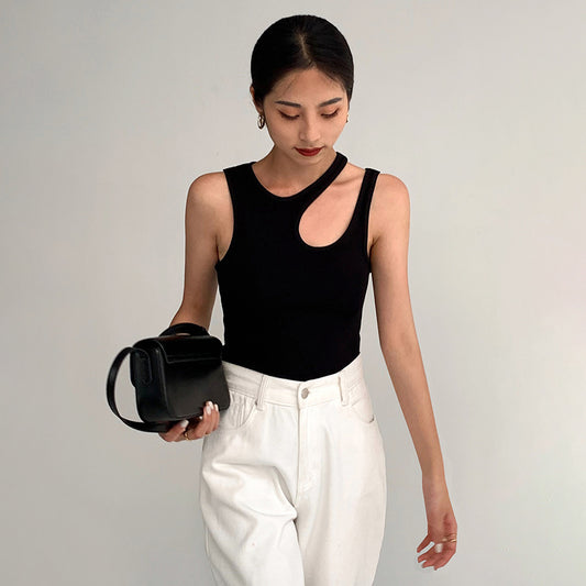 White Cut Round Neck Sleeveless Korean Slim Top