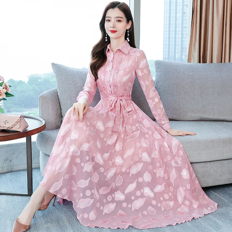 pink long sleeve midi dress